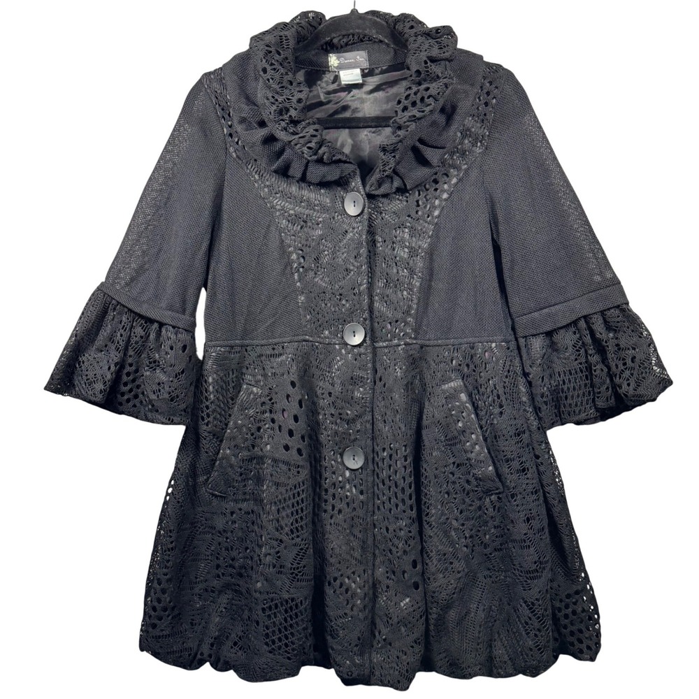 Damee Inc Lace Crochet Jacket Topper Button Front Coat Lined Boho Black Womens M